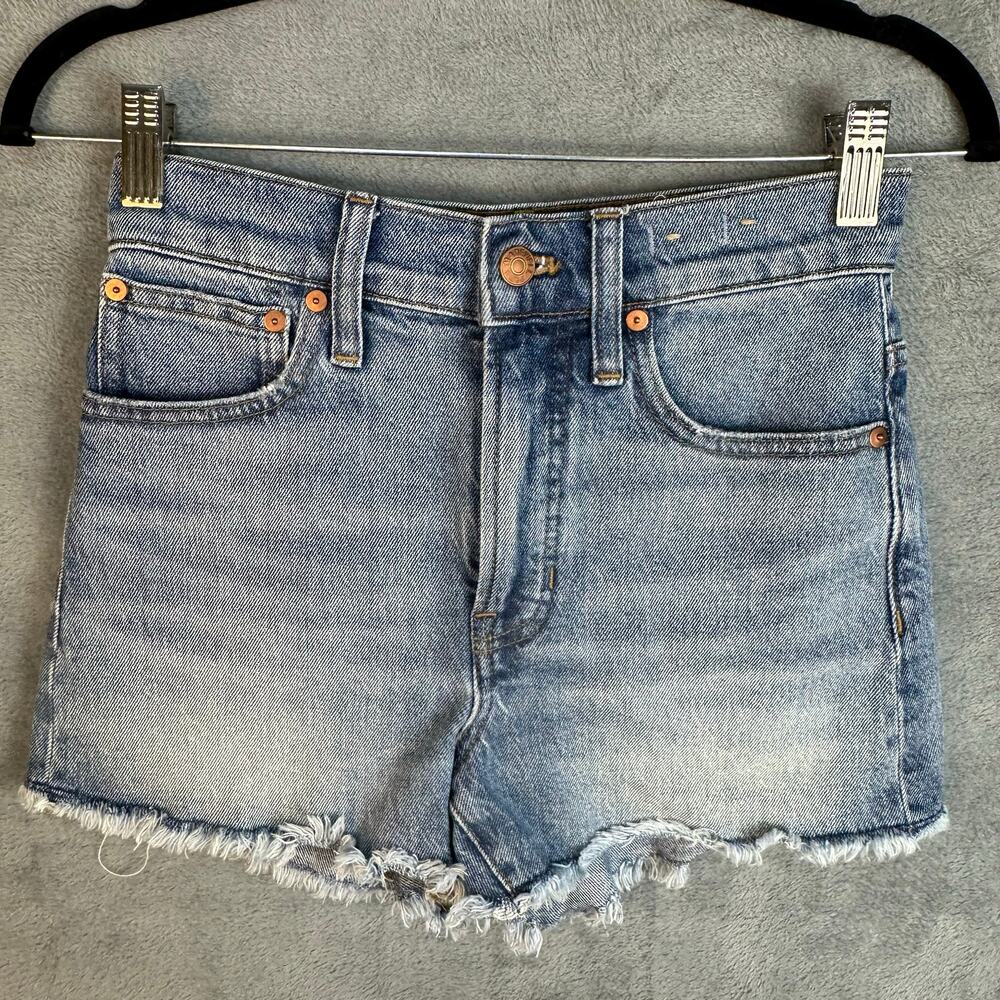 Madewell Perfect Jean Short Womens 24 Blue Raw Hem Whisker Fading Pockets Denim